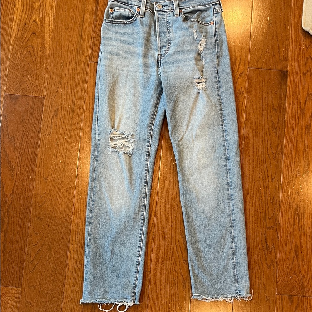 Levi wedgie straight distressed light was high rise button fly jean